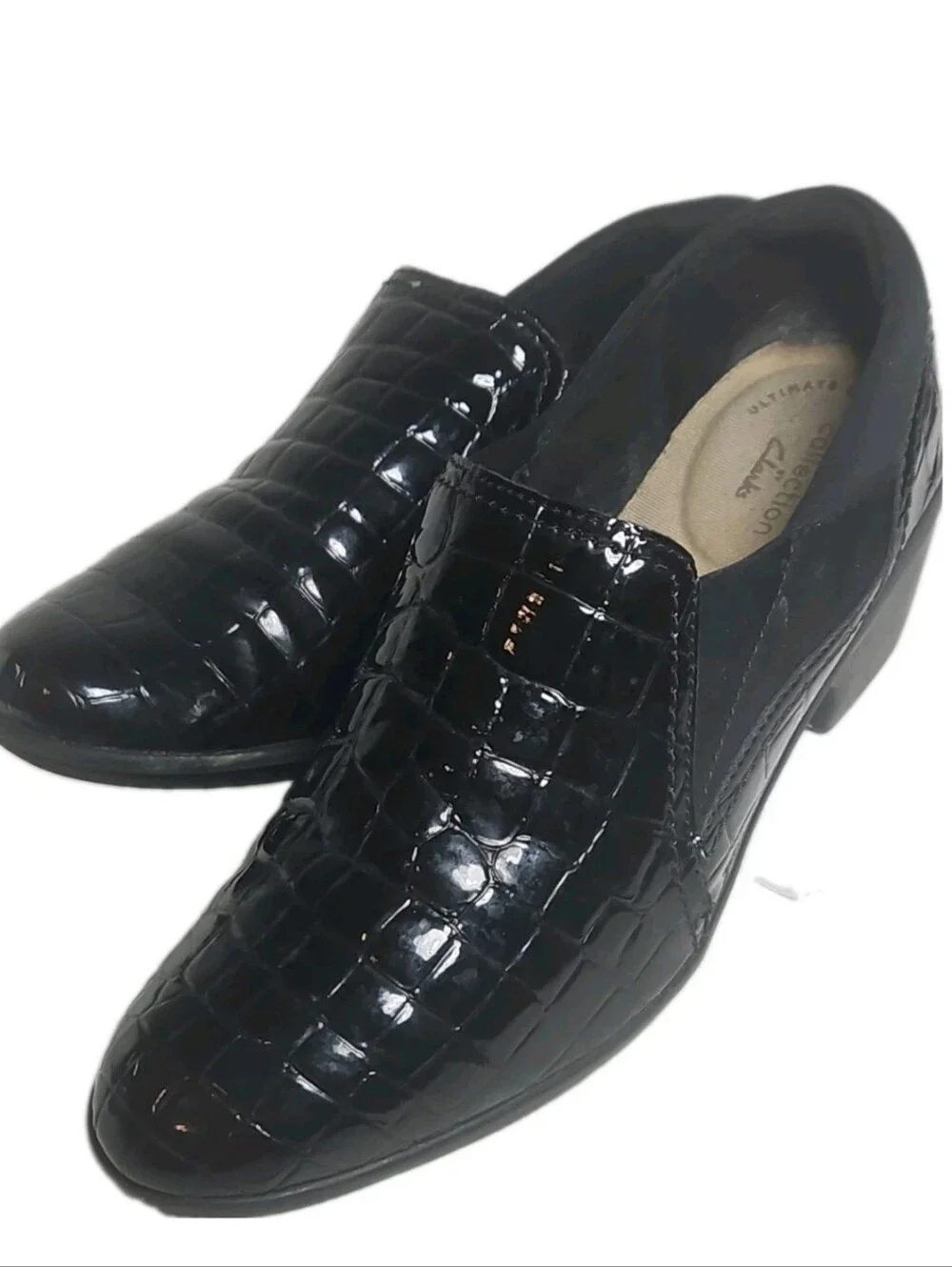 Clarks Women Size 8 M Black Croc Patent Leather Wedge SlipOn Loafer May Poppy[8A